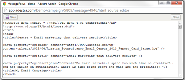 Screen capture showing how the listed basic meta tags might appear in the source editor.